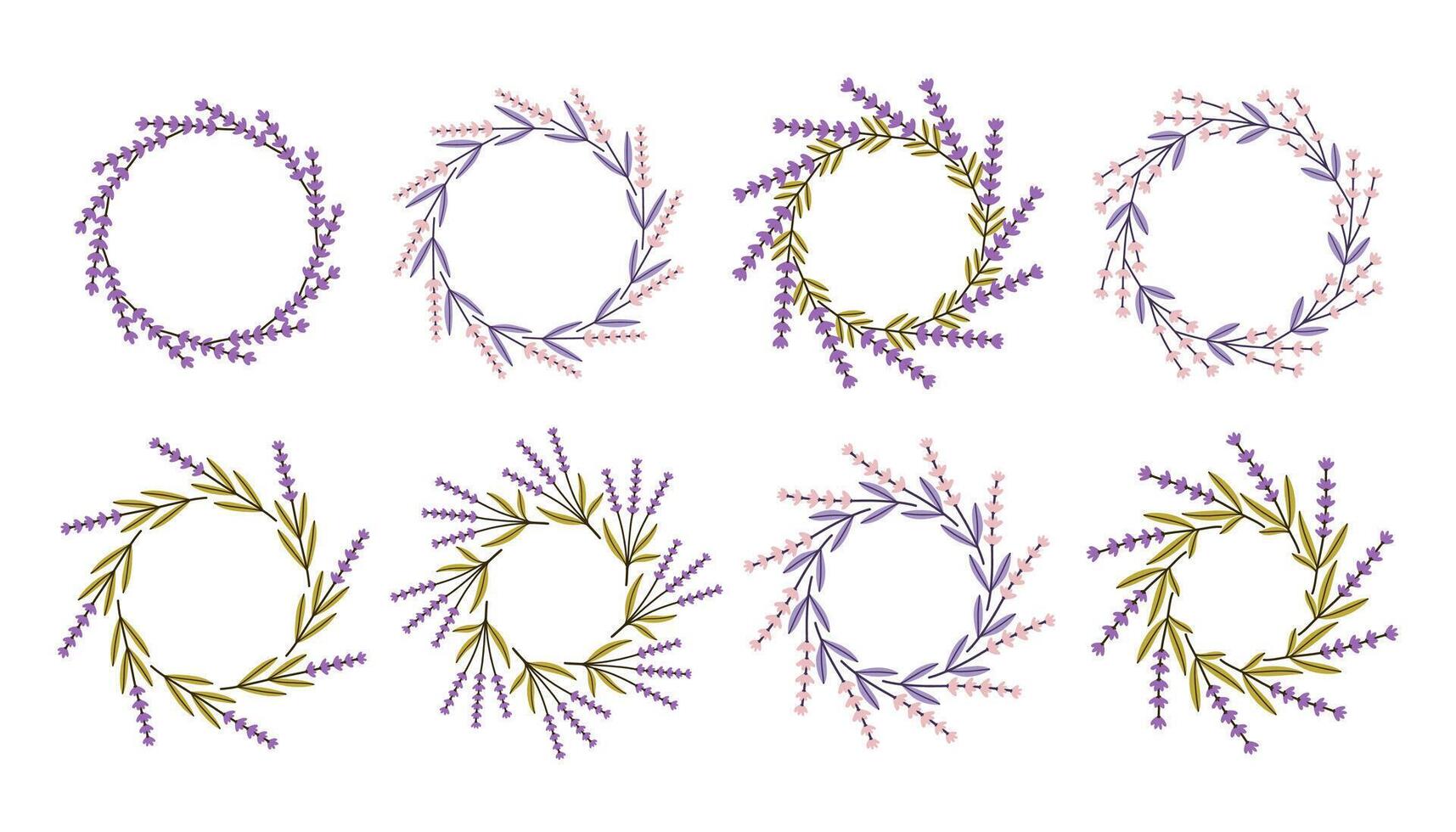 Lavender circle frame set. Floral circle frame. Hand drawn botanical round border, laurel, wreath with branches, leaves and flowers illustration for wedding invitation, card, logo vector