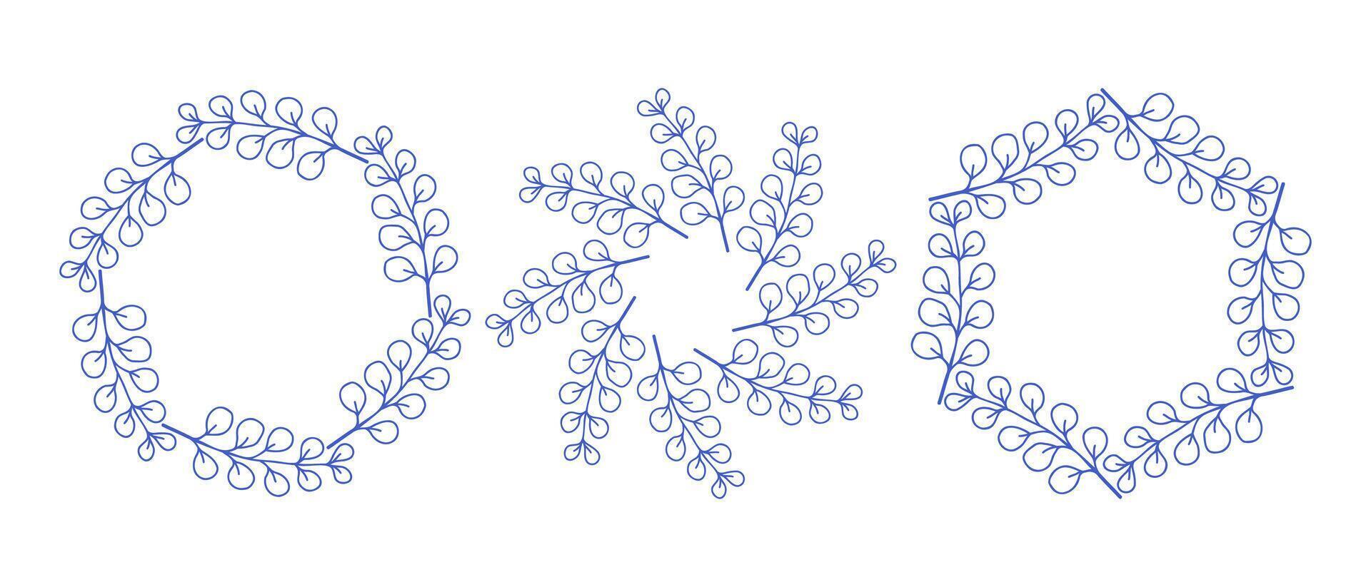 Branches circle frame set. Hand drawn round line border, leaves and flowers, wedding invitation and cards, logo design and posters template. Elegant minimal style floral set vector