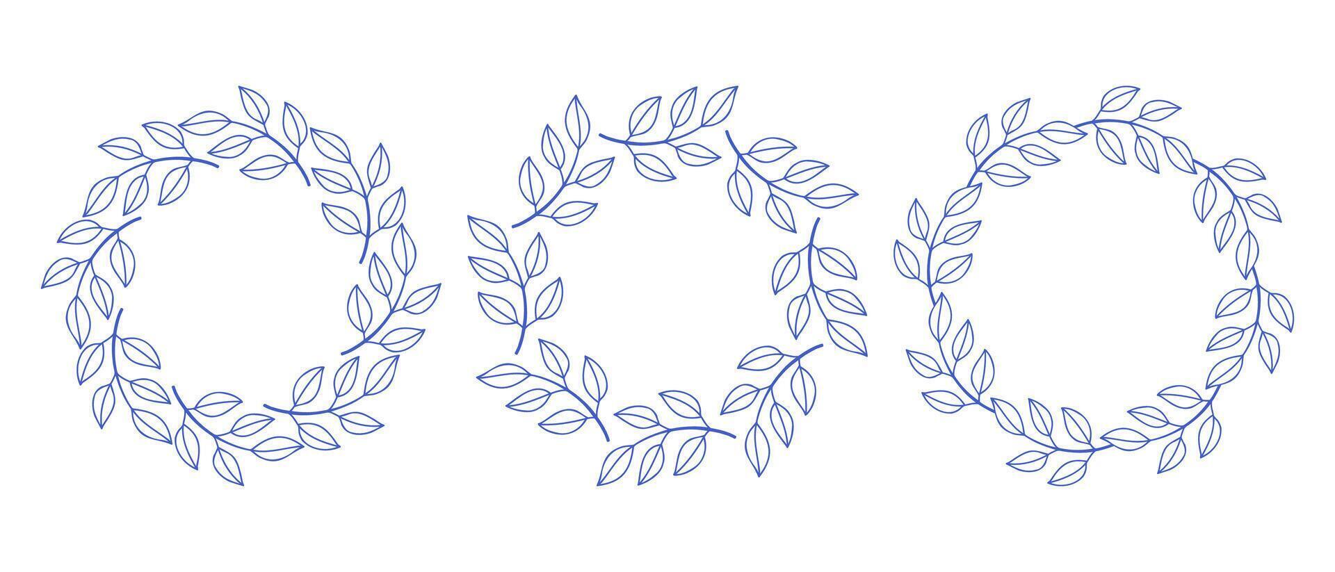 Mediterranean simple branches circle frame set. Hand drawn round line border, leaves and flowers, wedding invitation and cards, logo design and posters template. Elegant minimal style floral set vector