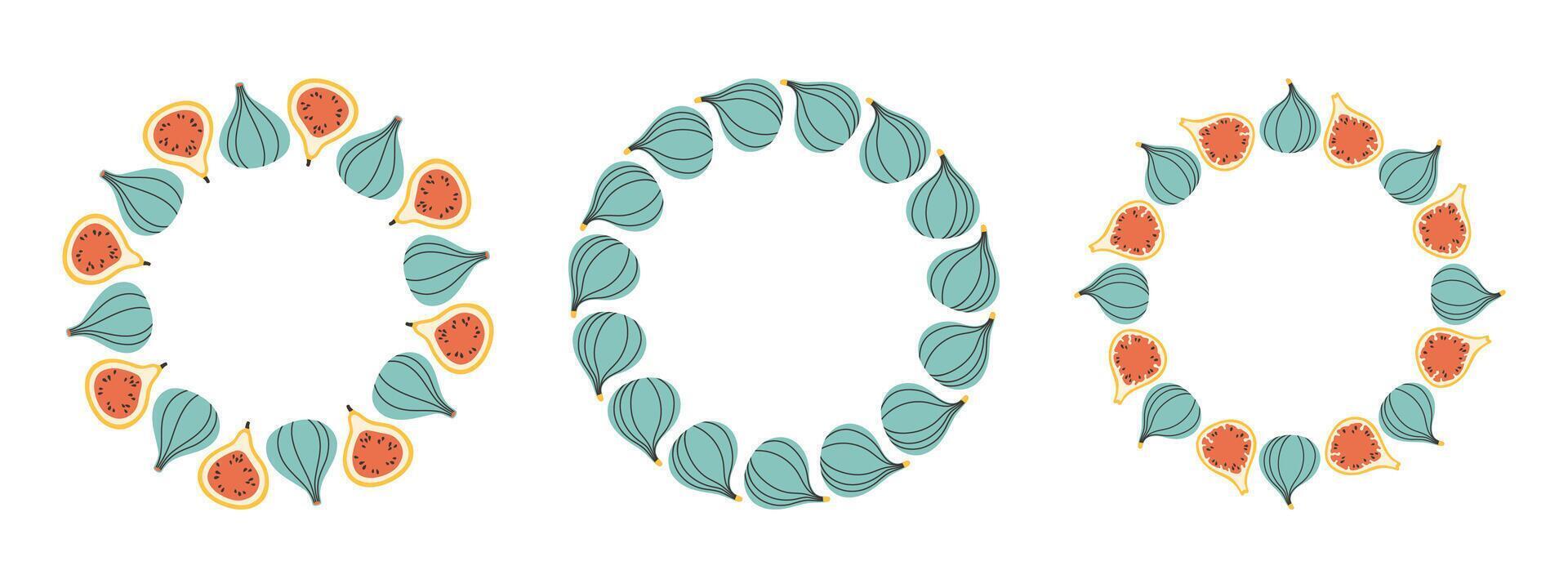 Fruit frame set. Fig design template, copy space. Cute hand drawn fruits round frame in doodle style. Circular template. Hand drawn fruits circle border. vector