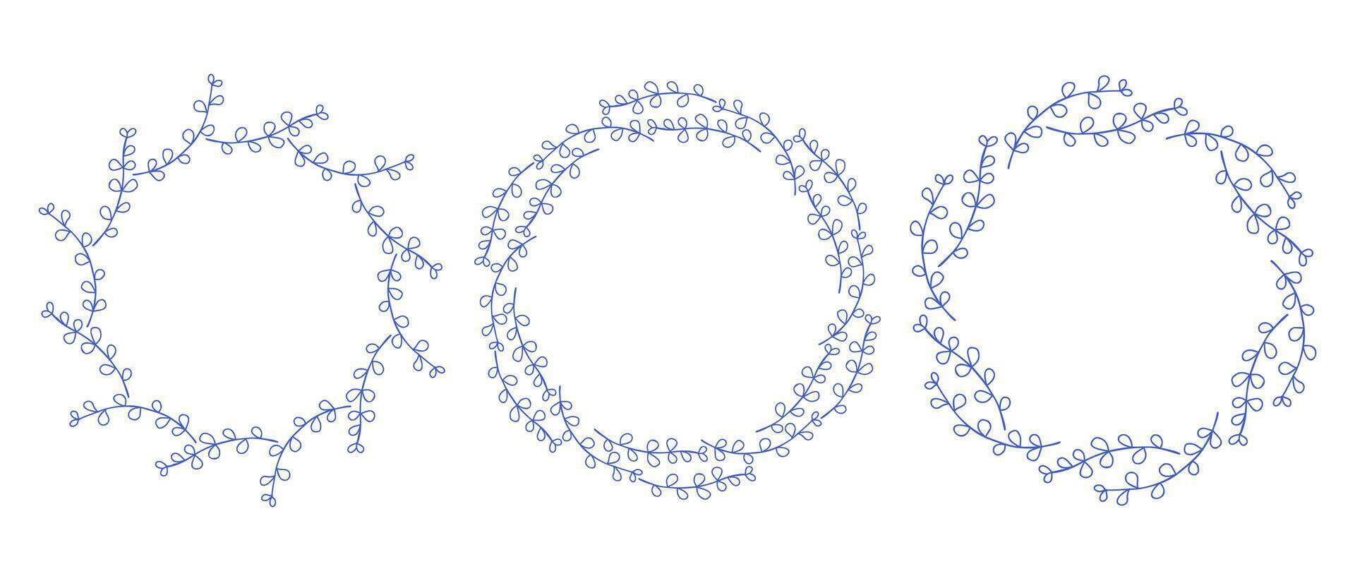 Mediterranean hand drawn branches circle frame set. Hand drawn round line border, leaves and flowers, wedding invitation and cards, logo design and posters template. Elegant minimal style floral set vector