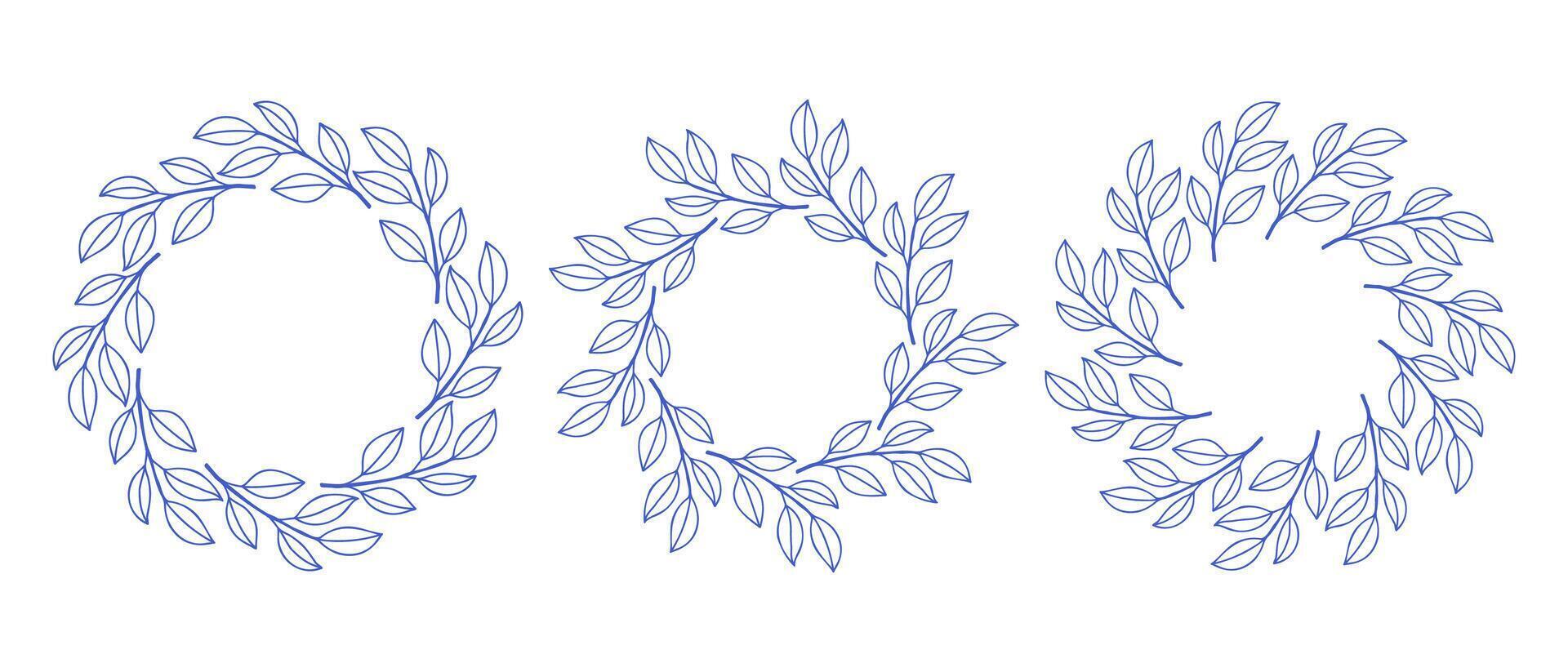 Mediterranean branches circle frame set. Hand drawn round line border, leaves and flowers, wedding invitation and cards, logo design and posters template. Elegant minimal style floral set vector