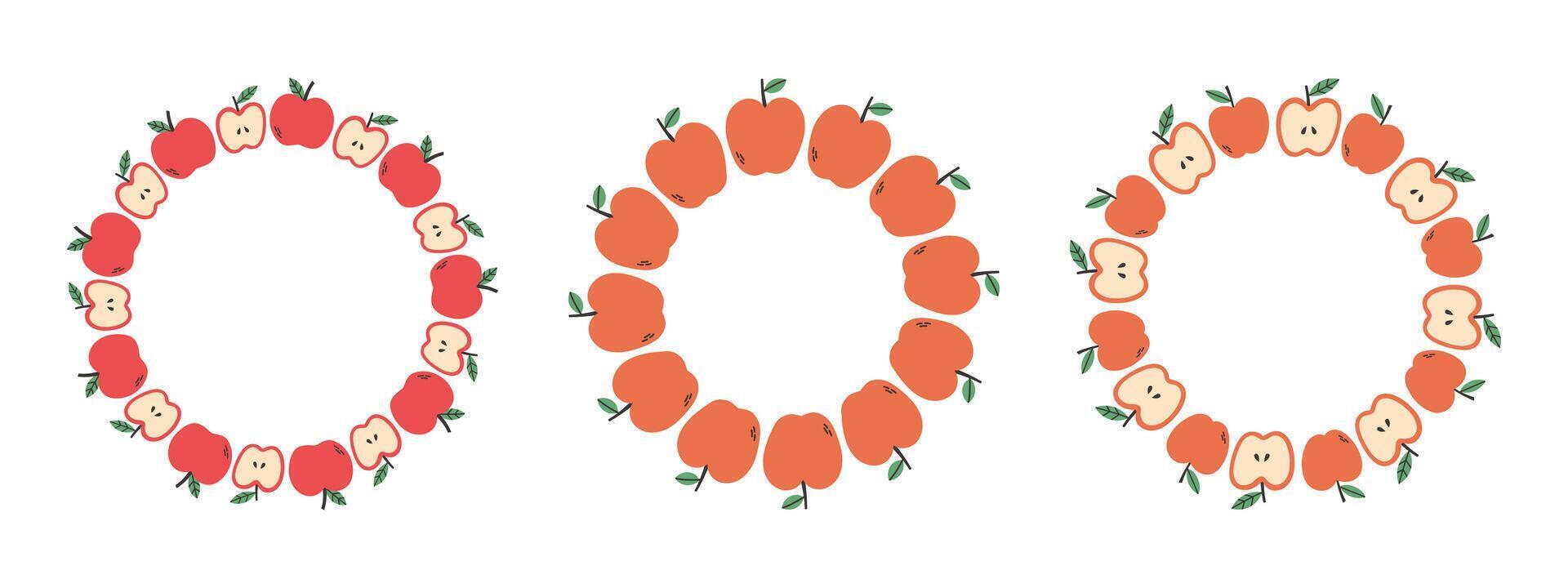 Fruit frame set. Apple design template, copy space. Cute hand drawn fruits round frame in doodle style. Circular template. Hand drawn fruits circle border. vector