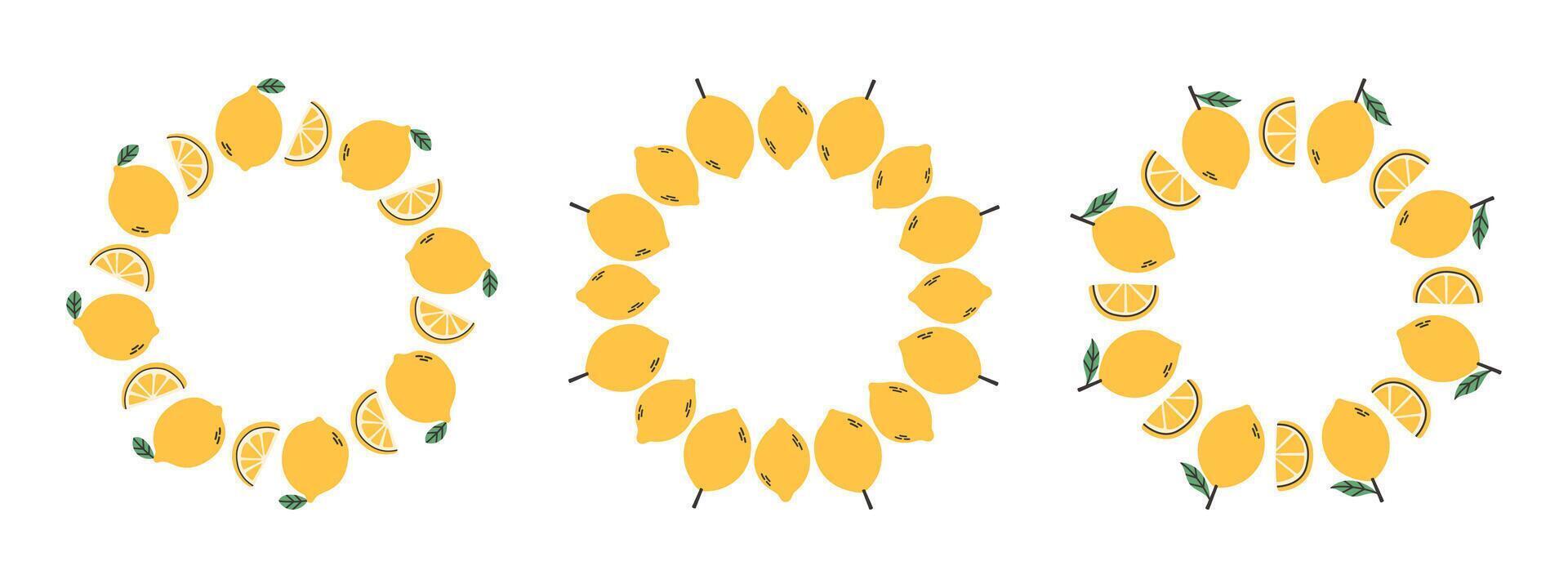Fruit frame set. Lemon design template, copy space. Cute hand drawn fruits round frame in doodle style. Circular template. Hand drawn fruits circle border. vector