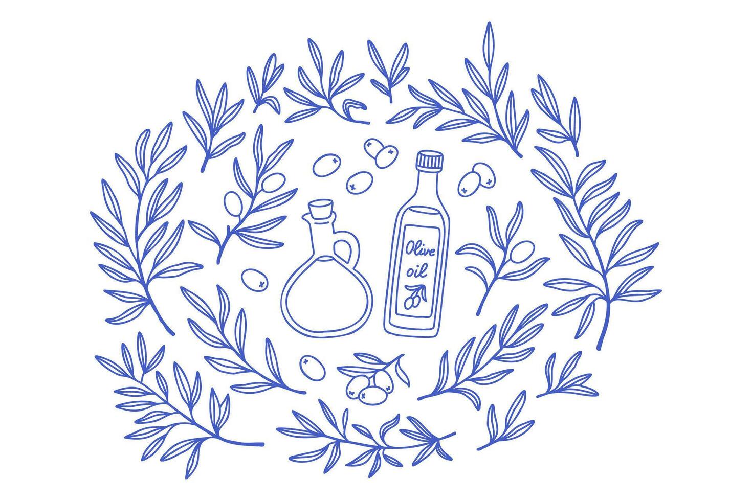 Simple olive branch oil set in line art mediterranean blue. Olive hand drawn sketch set in doodle style isolated on white background. Olive line art set of branch, glass bottle of oil vector