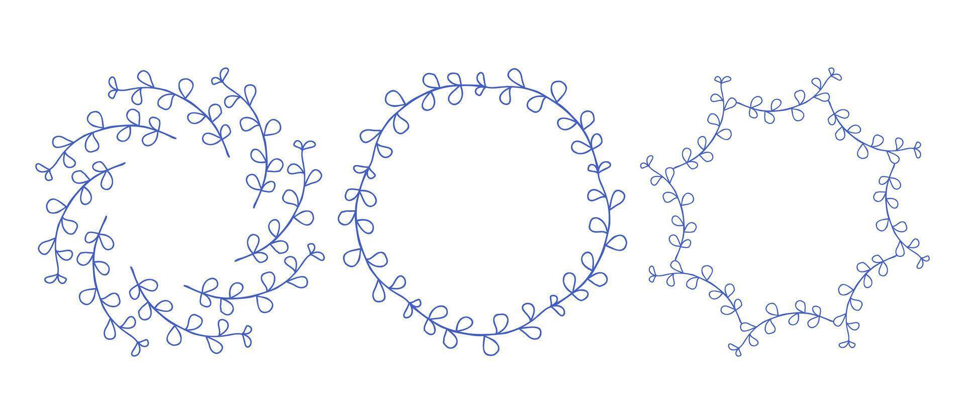 Mediterranean blue branches circle frame set. Hand drawn round line border, leaves and flowers, wedding invitation and cards, logo design and posters template. Elegant minimal style set vector
