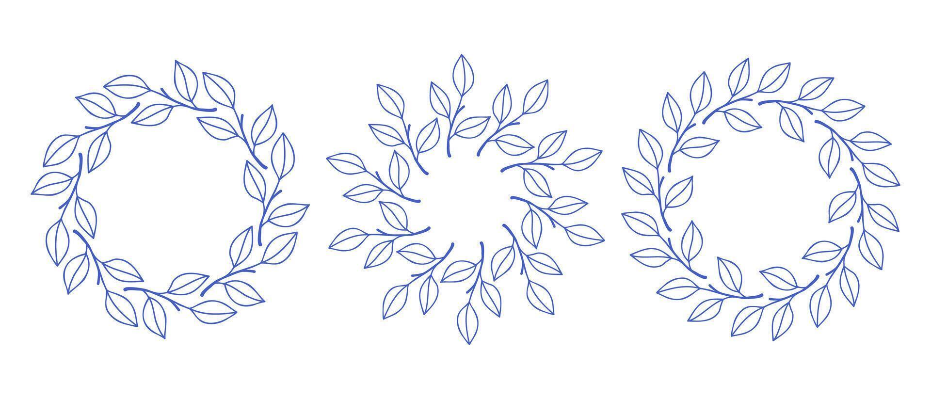 Simple blue branches circle frame set. Hand drawn round line border, leaves and flowers, wedding invitation and cards, logo design and posters template. Elegant minimal style floral set vector