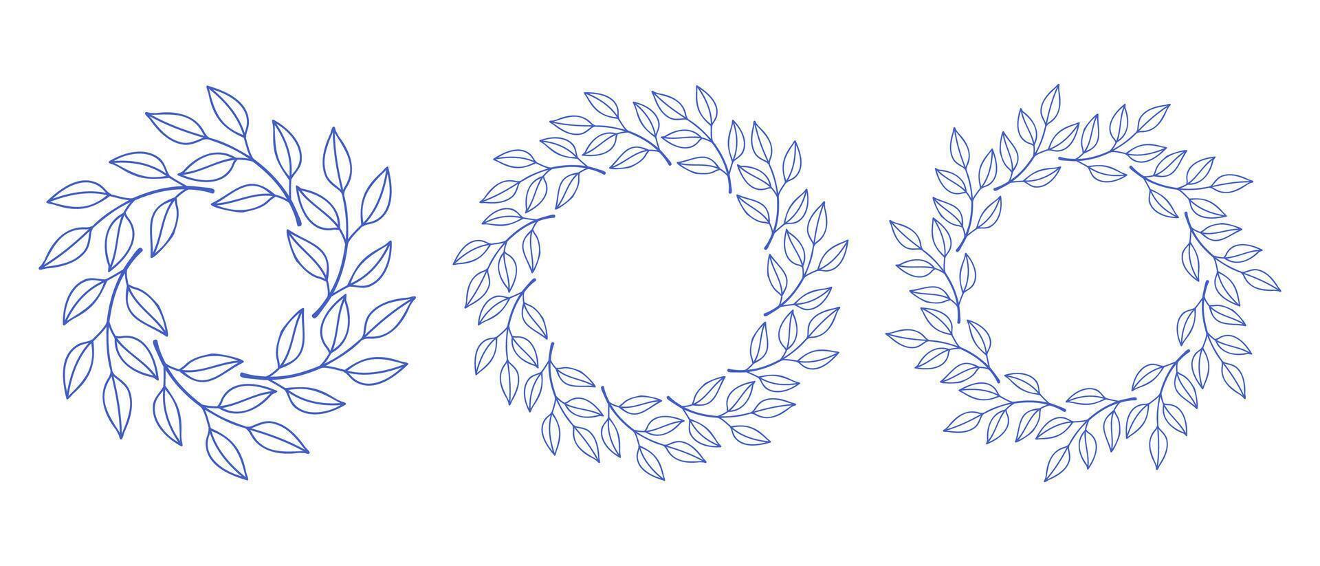 Mediterranean blue simple branches circle frame set. Hand drawn round line border, leaves and flowers, wedding invitation and cards, logo design and posters template. Elegant minimal style floral set vector
