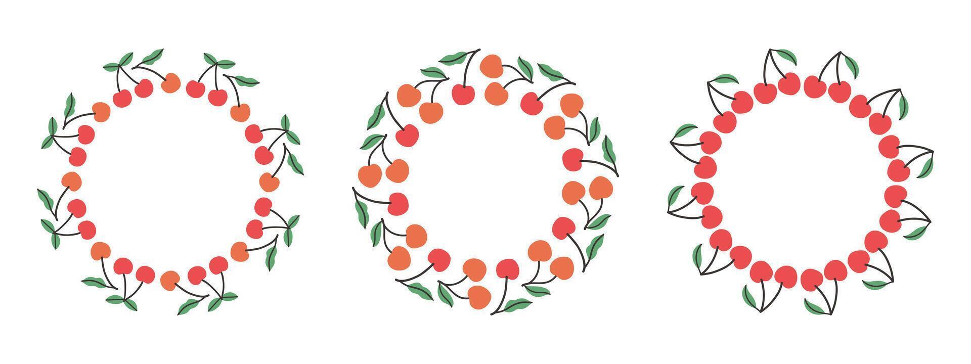 Fruit frame set. Cherry design template, copy space. Cute hand drawn fruits round frame in doodle style. Circular template. Hand drawn fruits circle border. vector
