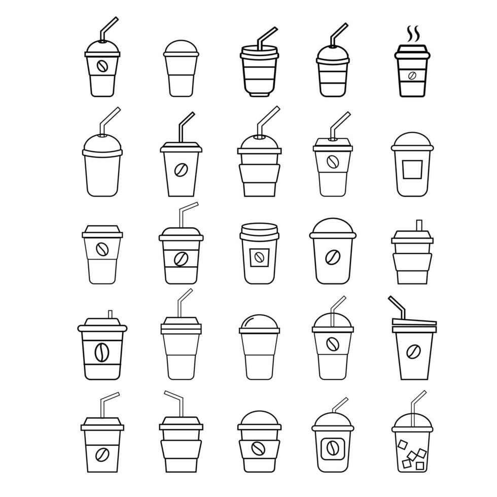 Coffee cup line web icons. Disposable coffee cup. Coffee paper cup, plastic container for hot and cold drink, juice, tea vector
