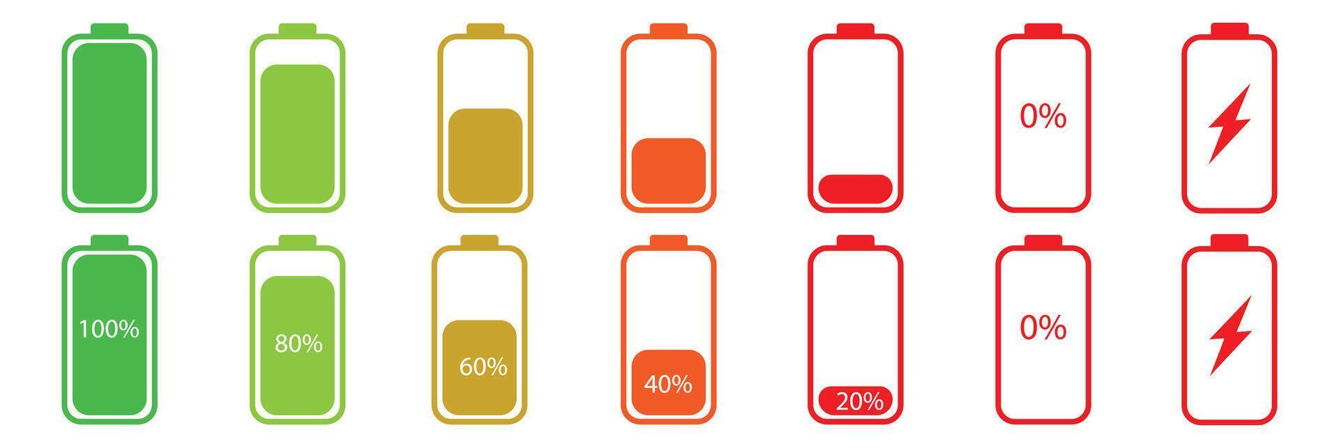 Battery charge icons. Powered indicator, charging empty batteries and low battery power icon vector