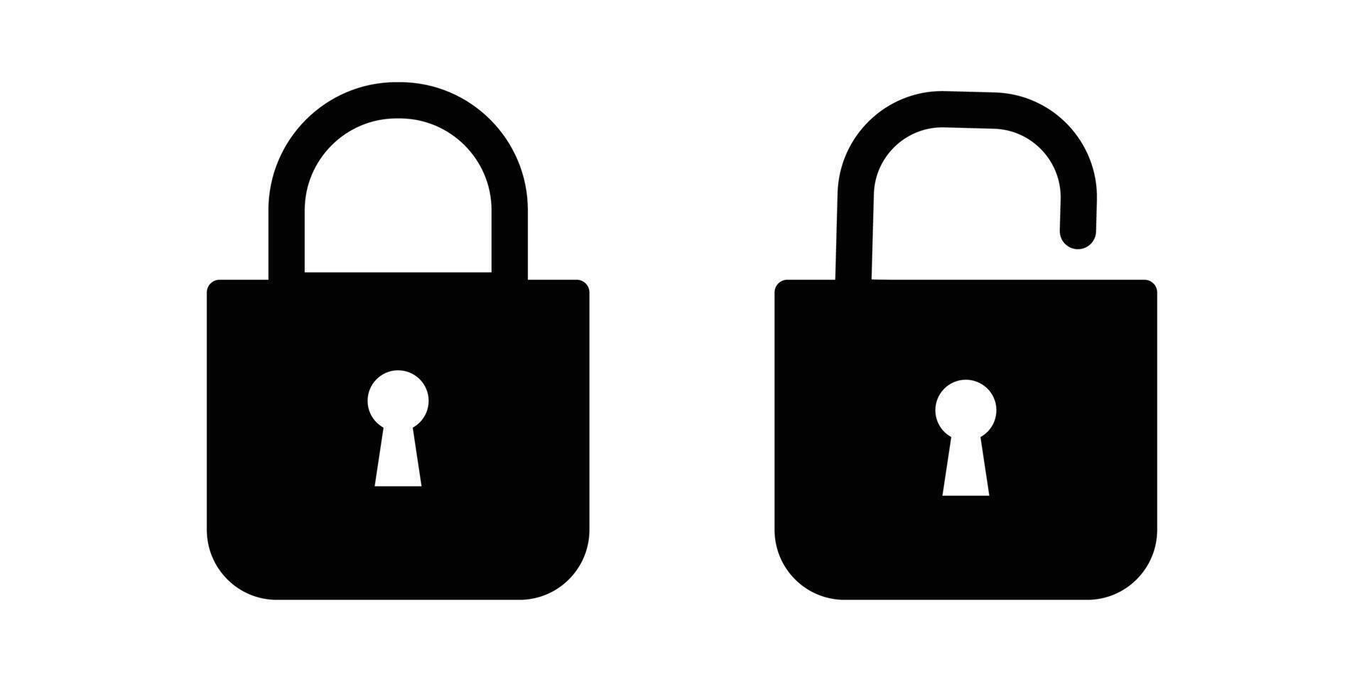 Lock and unlock icon privacy symbol set in black and white color in simple style. Set of close and open locks. Lock icon collection. Locked and unlocked black icon. vector