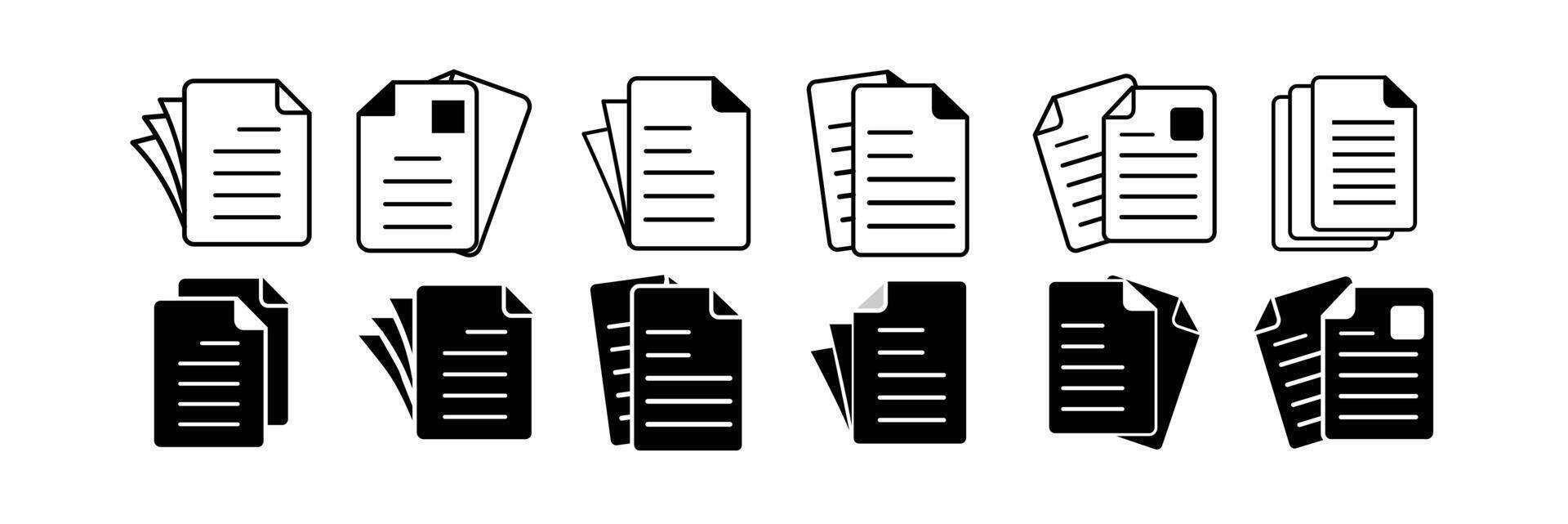 Set of document related line icons. File, page, form, report, search, list etc. Editable stroke. vector