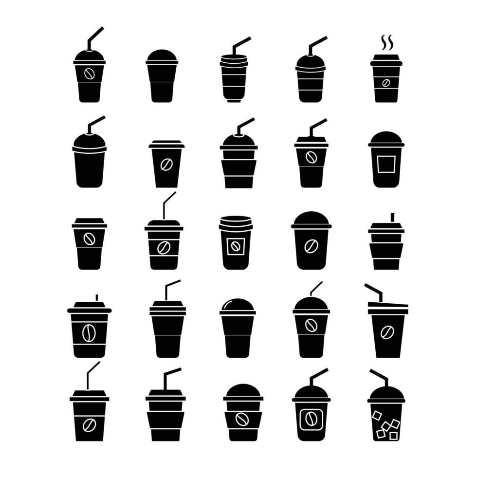 silhouette coffee paper cup, plastic container for hot and cold drink, juice, tea. Collection of thin line icons of disposable cups for coffee and tea. vector