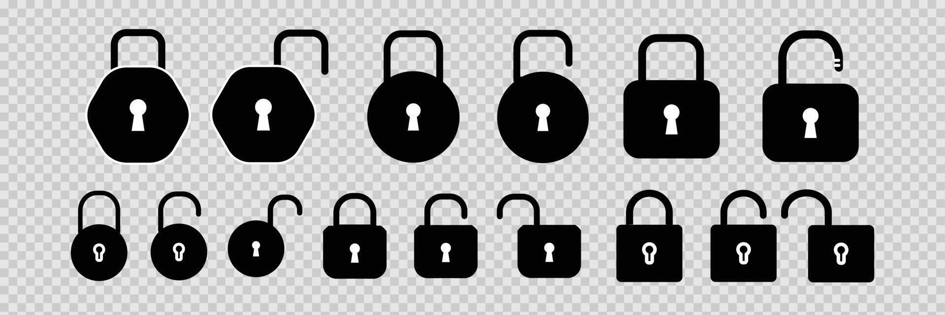 Lock icon set. Conceptual lock signs. Padlocks flat and linear style. Locked and unlocked black line icon set. vector