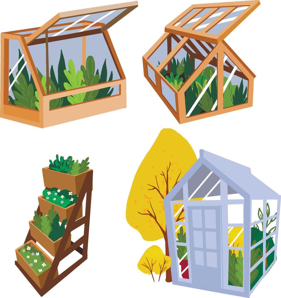 set of illustrations garden greenhouses vector
