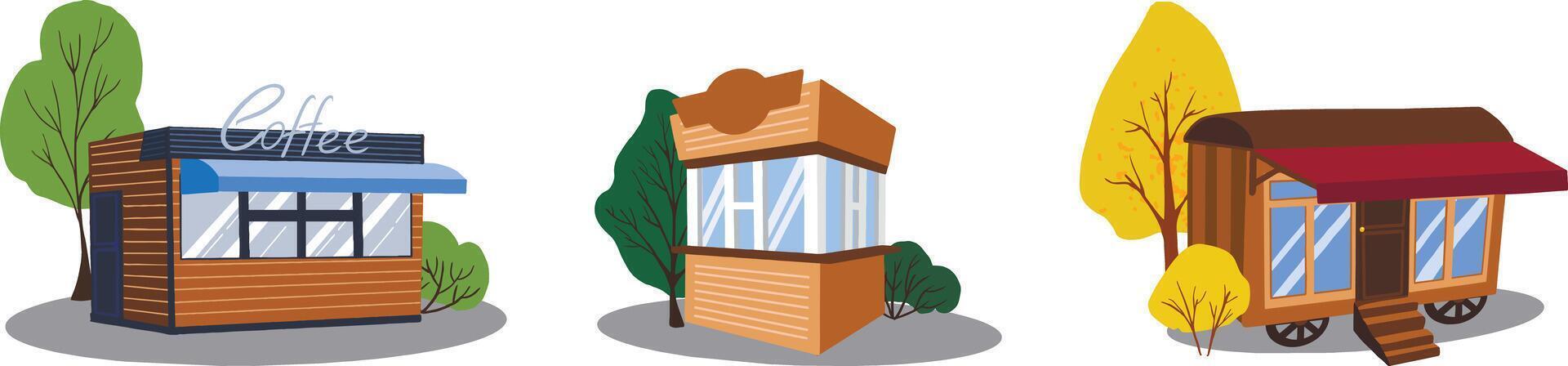 A set of illustrations of a kiosk with street food and drinks vector