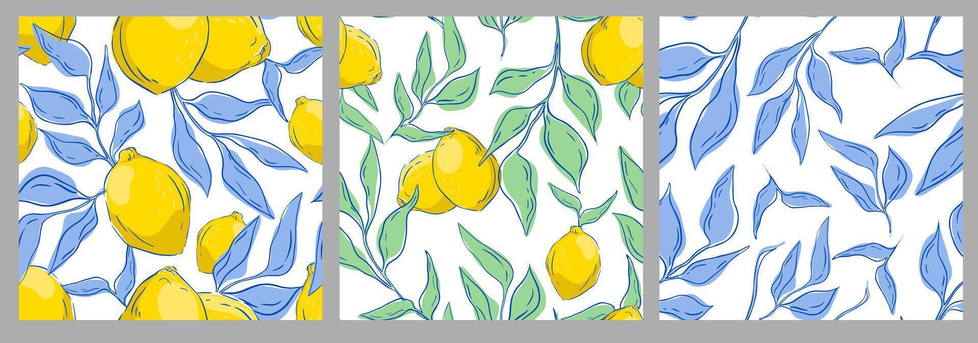 A set of patterns with lemons and leaves vector