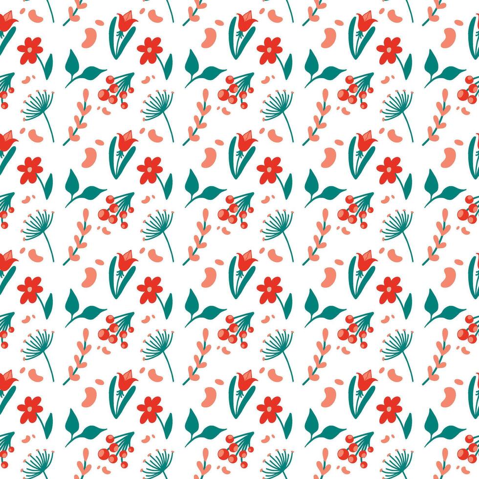 seamless pattern of flowers, leaves and berries vector