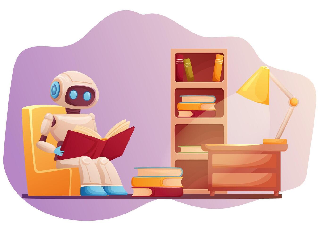 artificial intelligence robot learns from books while sitting in the library vector