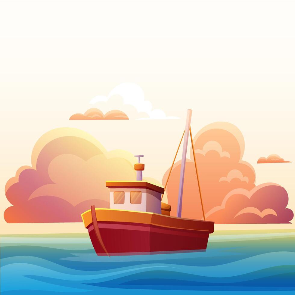small fishing boat at sea in calm, at sunset vector