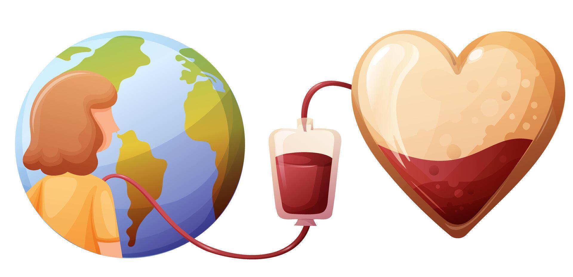 concept for world donor day, heart with blood, transfusion for the whole planet vector