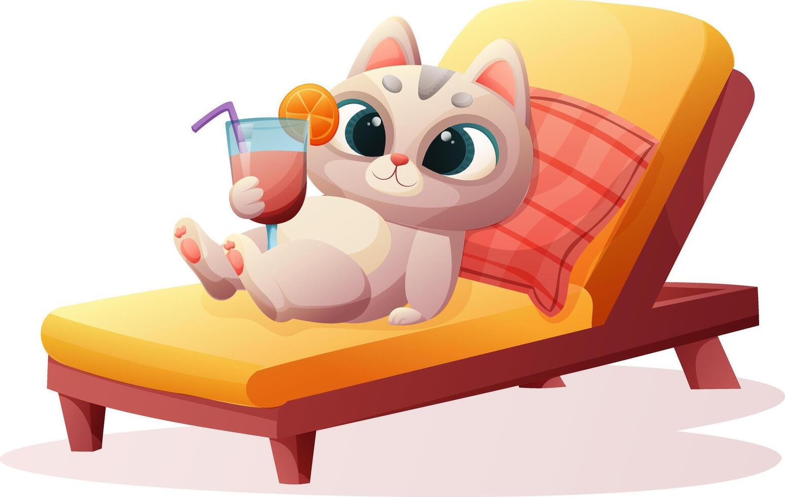 cute gray cat on a chair with a cocktail in the summer relaxing vector