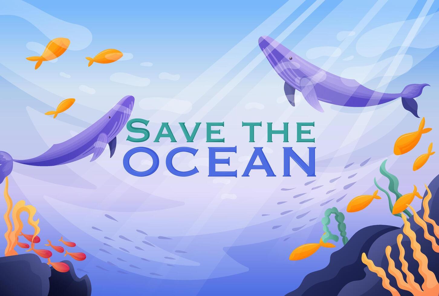 ocean underwater with fish, corals and whales and the inscription save the ocean vector