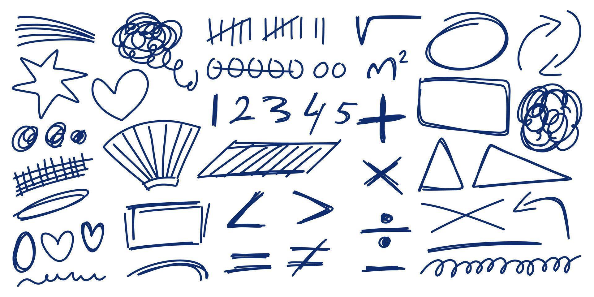 Hand drawn doodle set of scribble, circle, rectangle, star, arrow, minus sign, plus sign, root symbol, number and more. vector