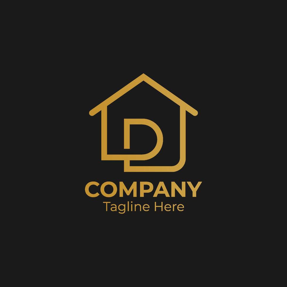 Building with initial letter D. Golden real estate house with D monogram logo design. vector