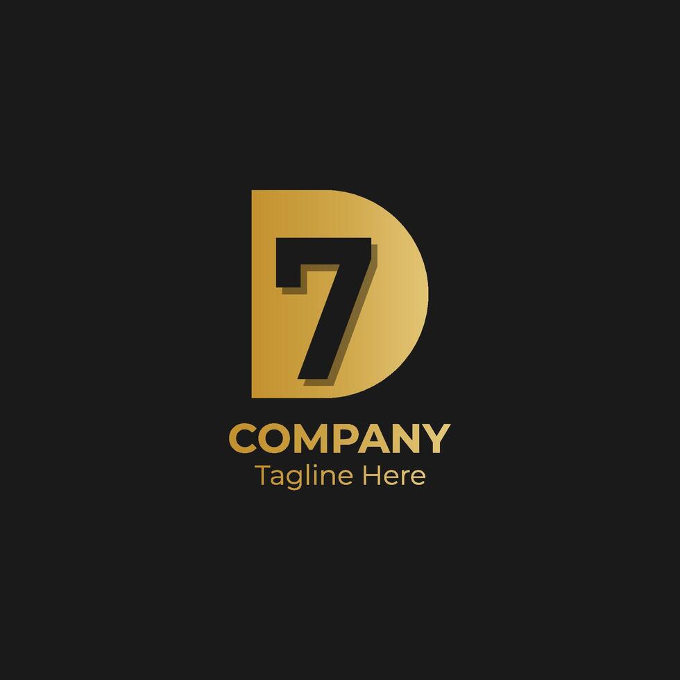 Initial letter and number logo, D and 7, D7, 7D, negative space flat gold. vector