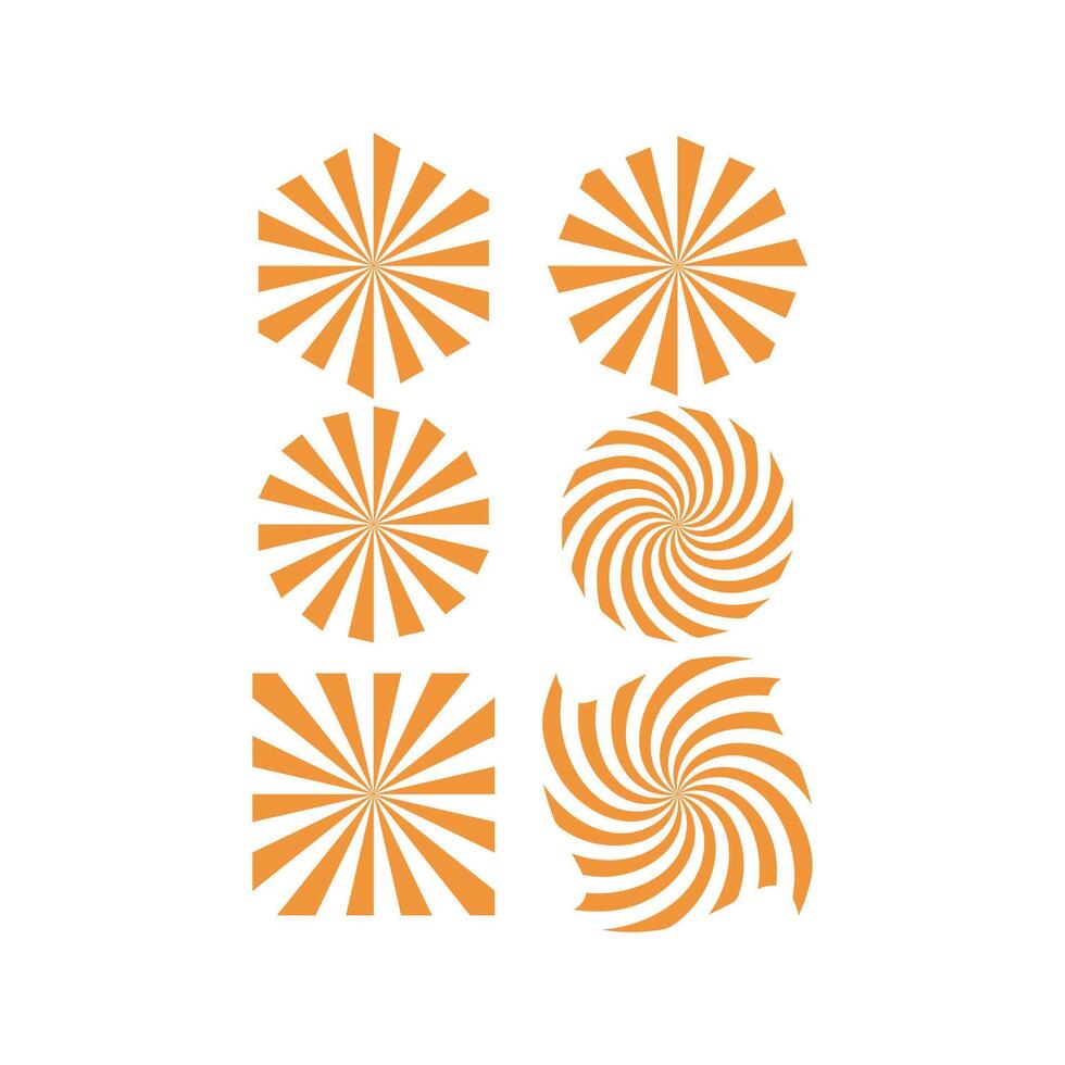 Six orange and white striped radial and spiral shapes, suitable for abstract backgrounds, textile prints, stationery designs, and digital art projects. vector