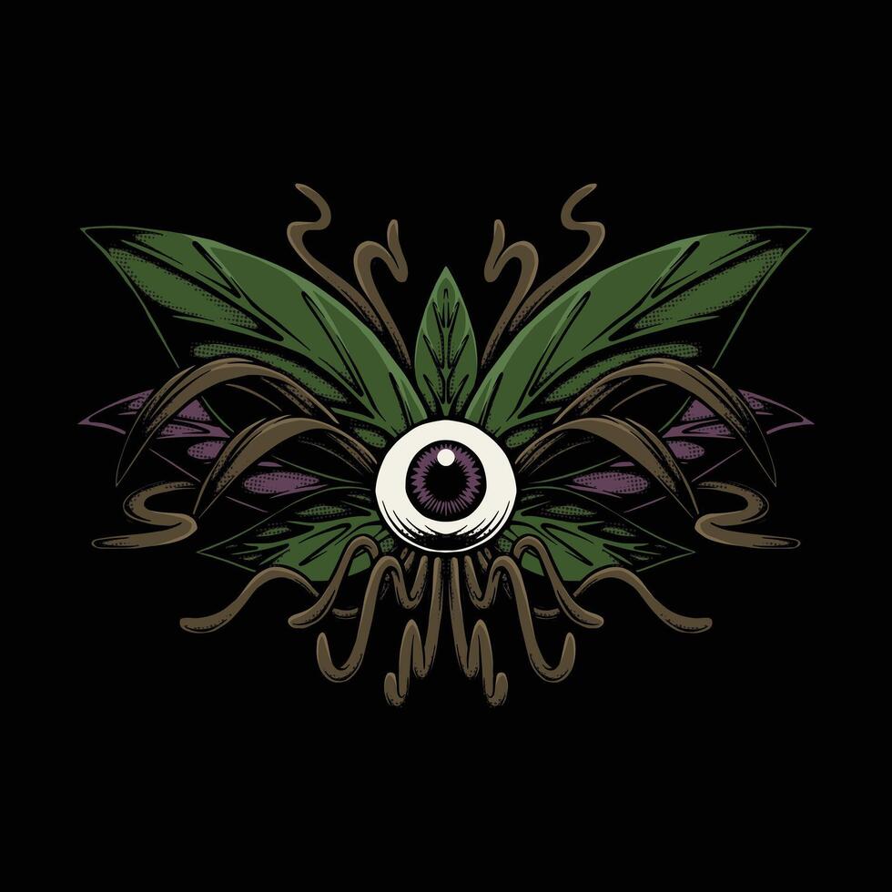 mystical eye between leaves and tentacles retro illustration vector