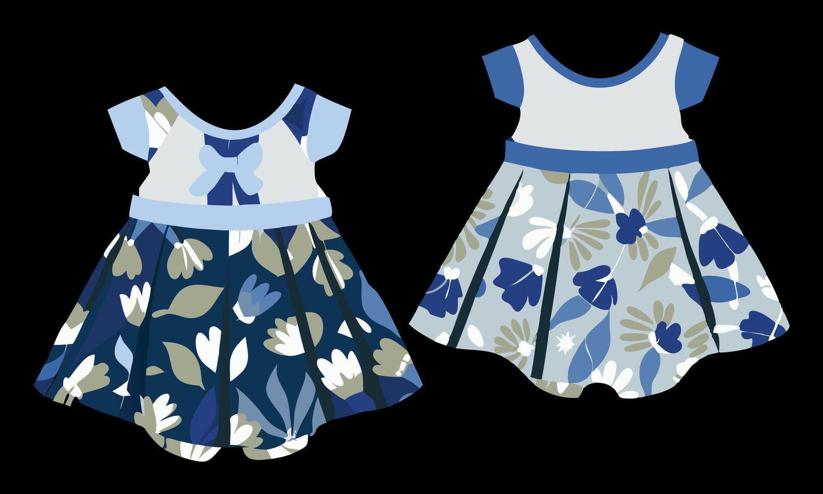 Two baby dresses with floral patterns on black background vector