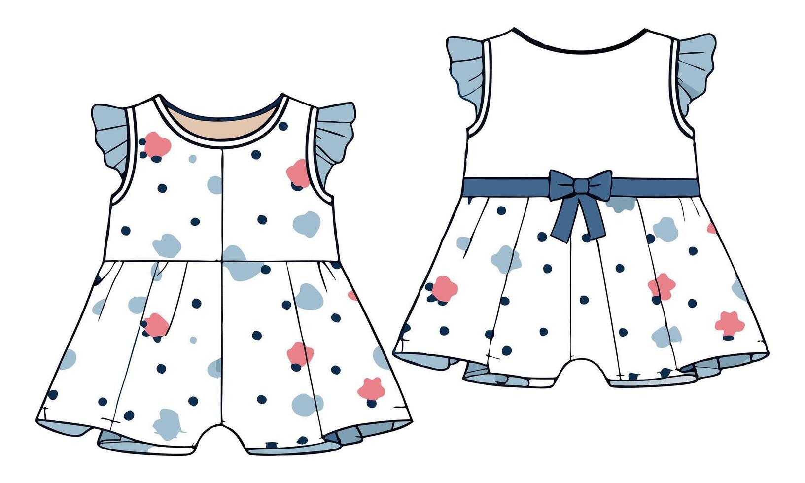 Two baby dresses in blue and white print on white background vector