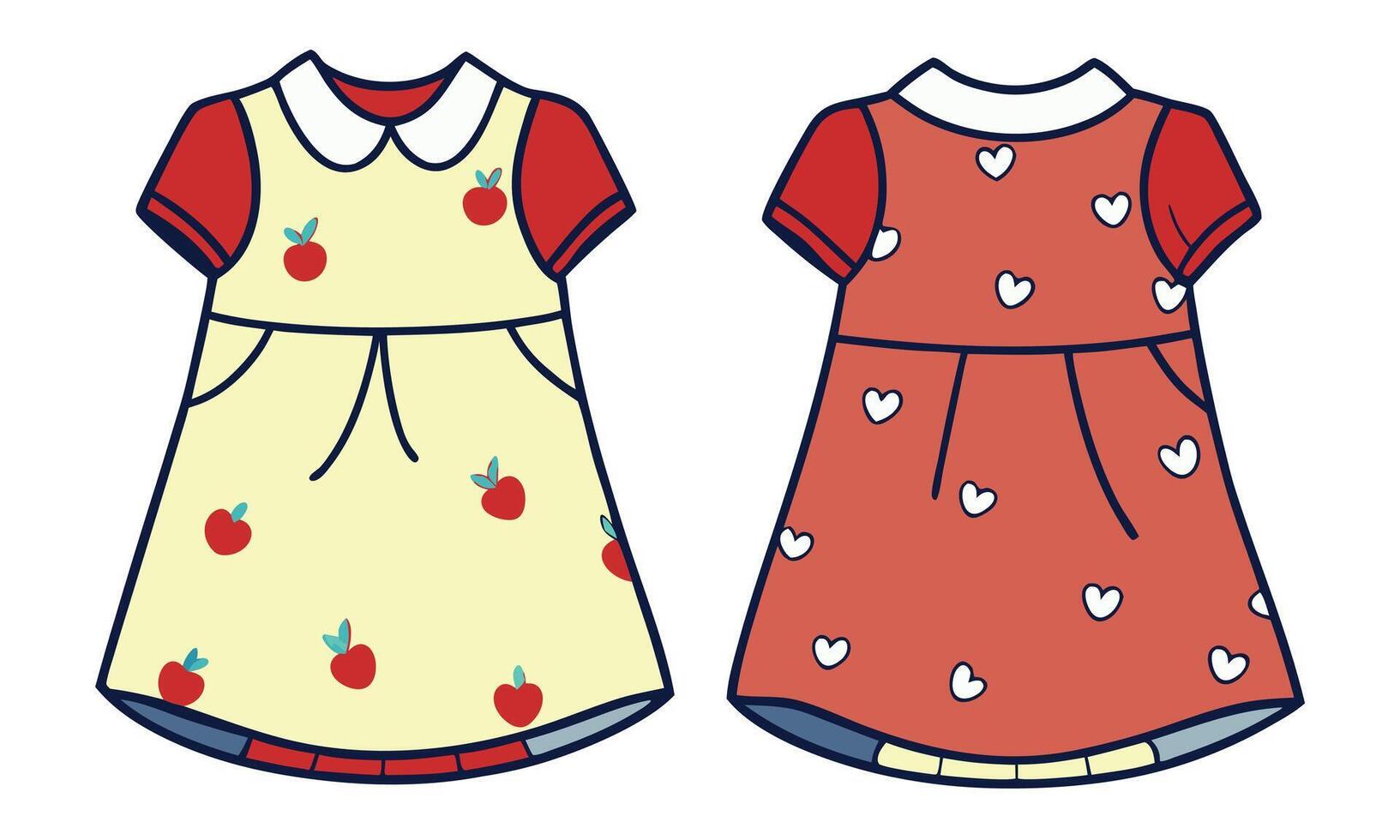 Two dresses with apple and heart designs on them vector