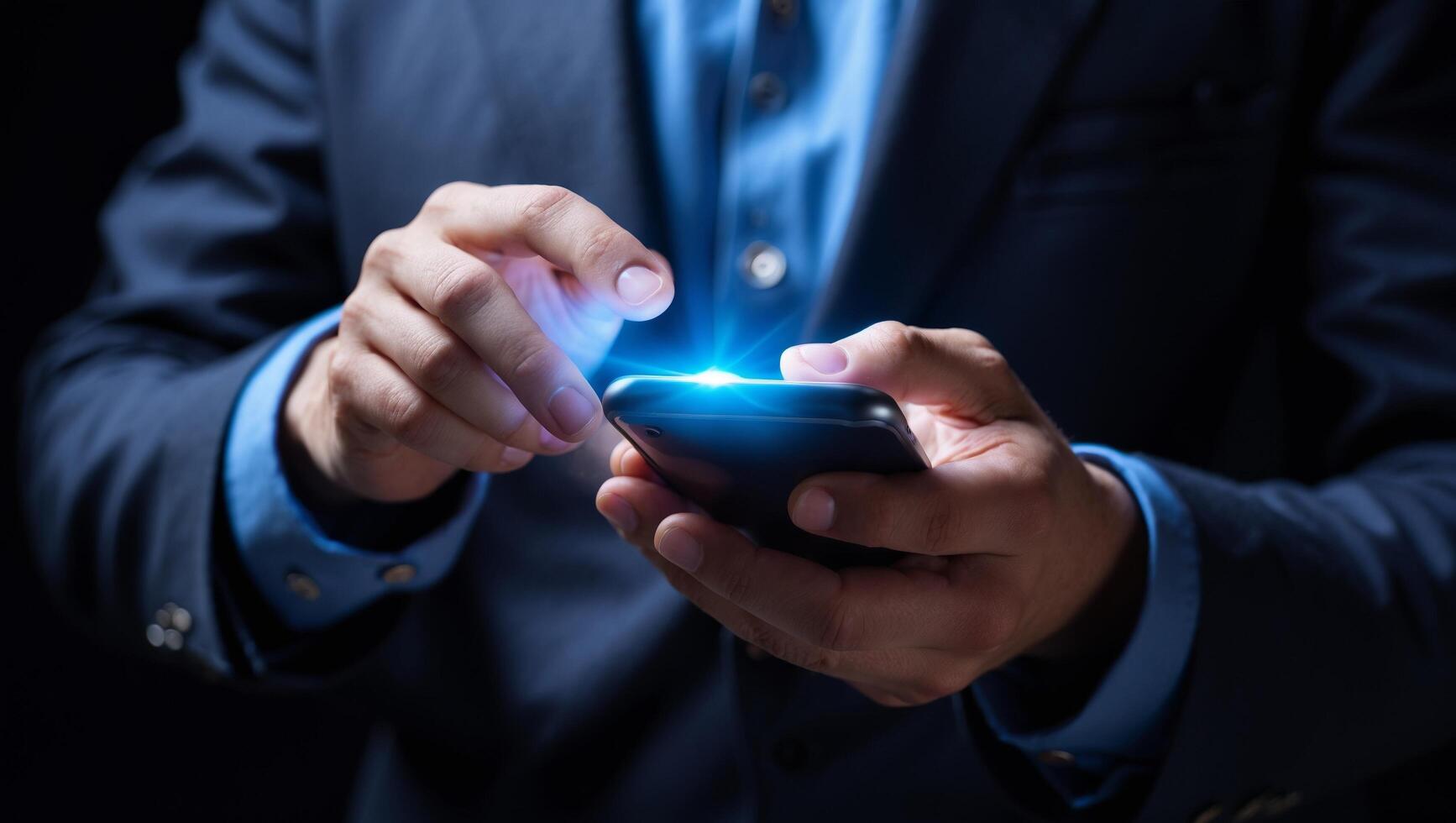 A man in a suit is holding a cell phone photo