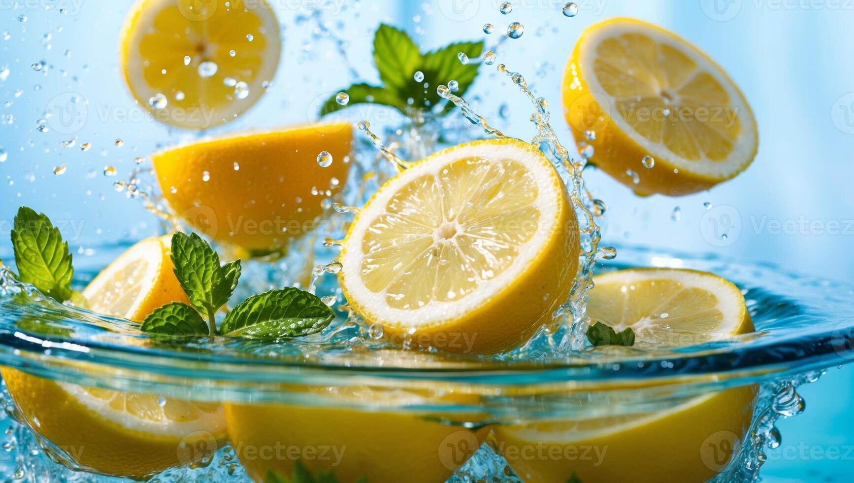 A bowl of lemon slices being splashed with water photo