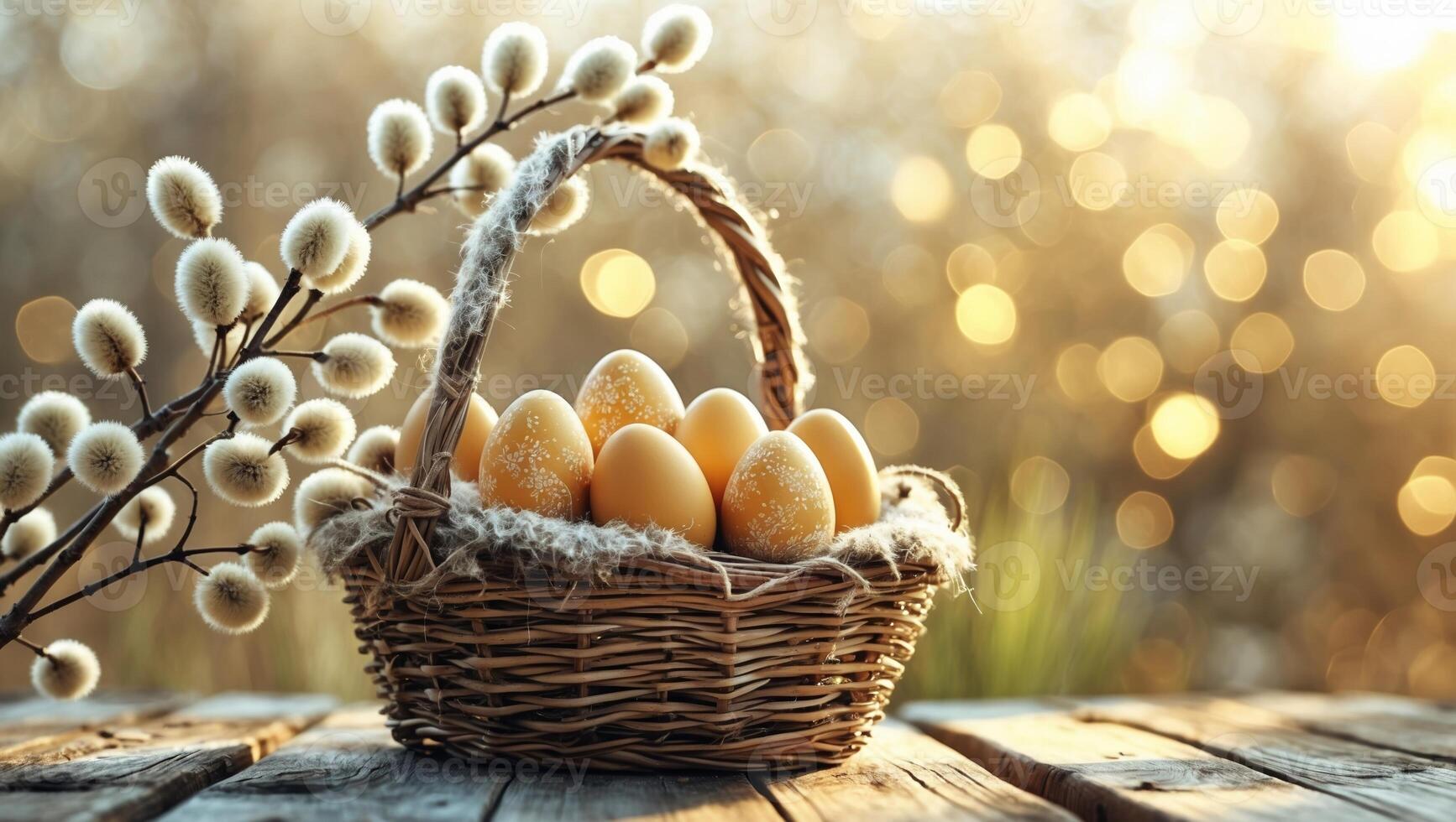 Easter eggs in basket on wooden table with sunlight photo