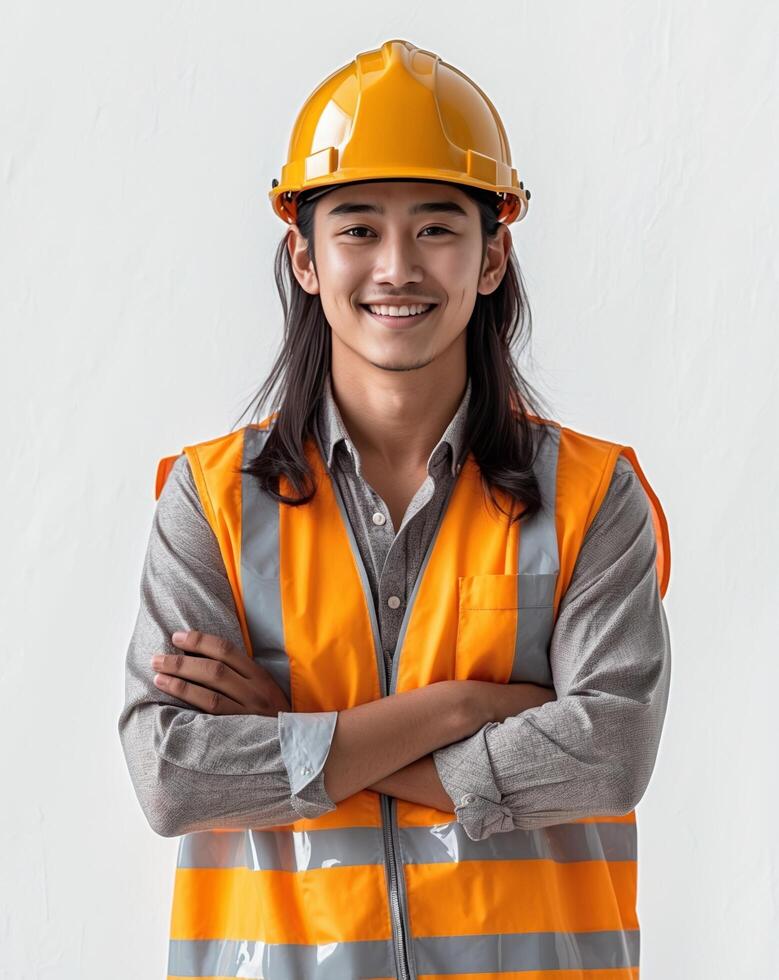 Asian male construction worker with his arms crossed photo