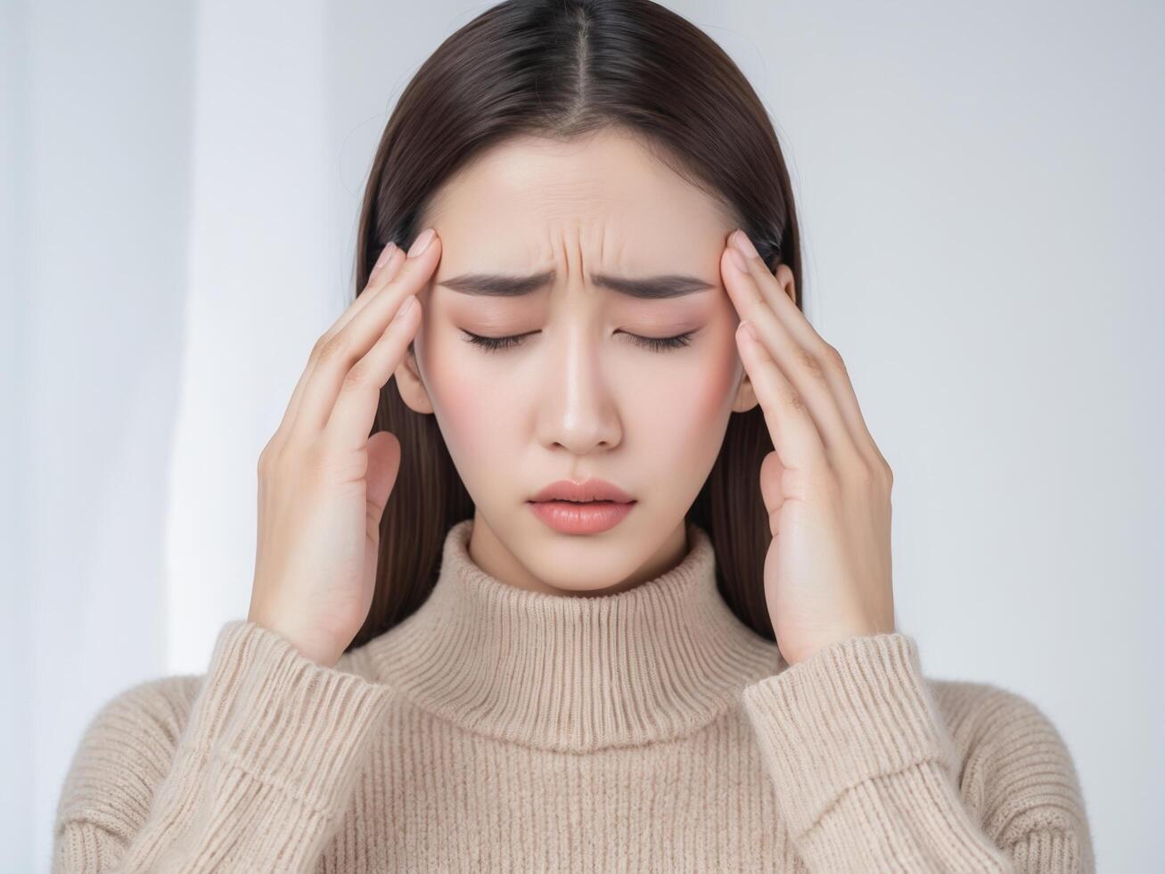 A woman holding her head in pain headache photo