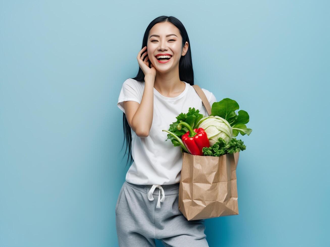 Happy asian woman holding a paper bag with vegetables and talking on the phone photo