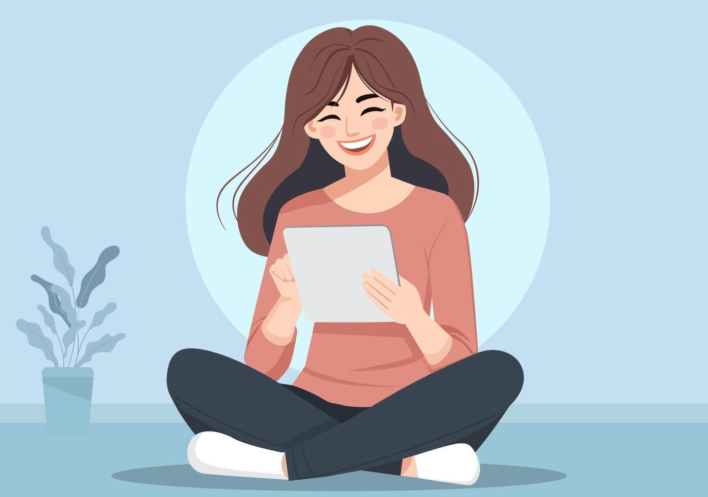 Young woman is enjoying watching movies or dramas on tablet. vector
