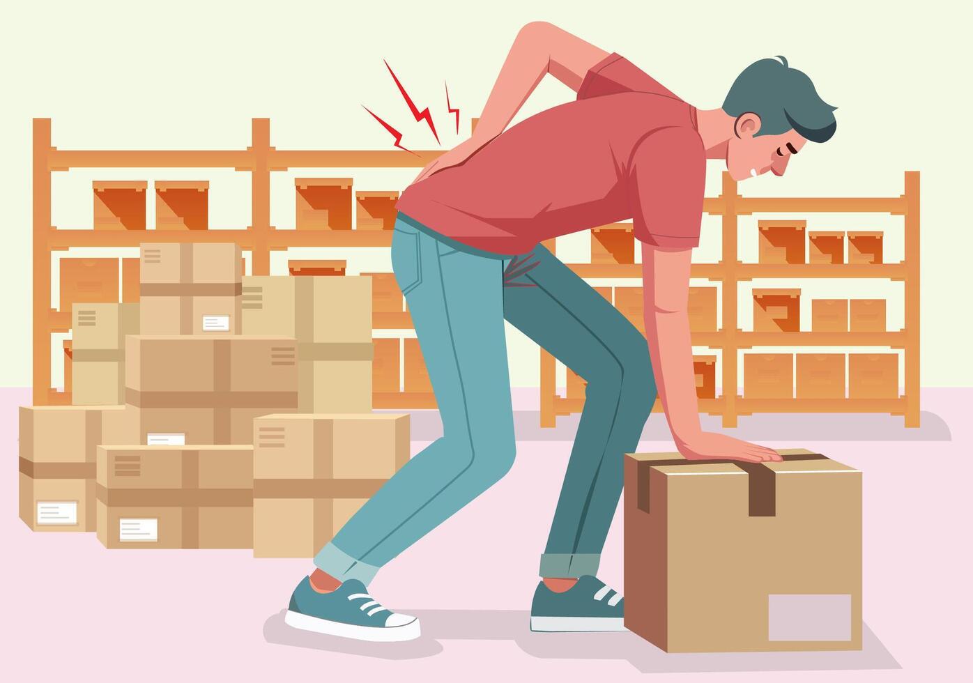A man has back pain while lifting something. vector