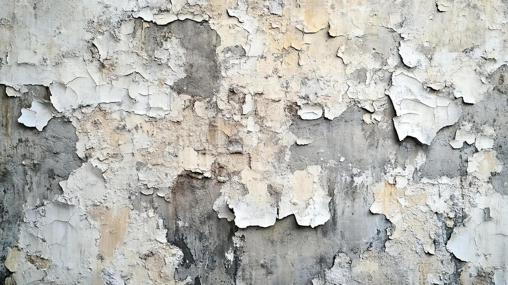 Close-Up of an Old Concrete Wall with Large Areas of Flaking Paint, Grunge Texture, and Signs of Age and Moisture Damage photo