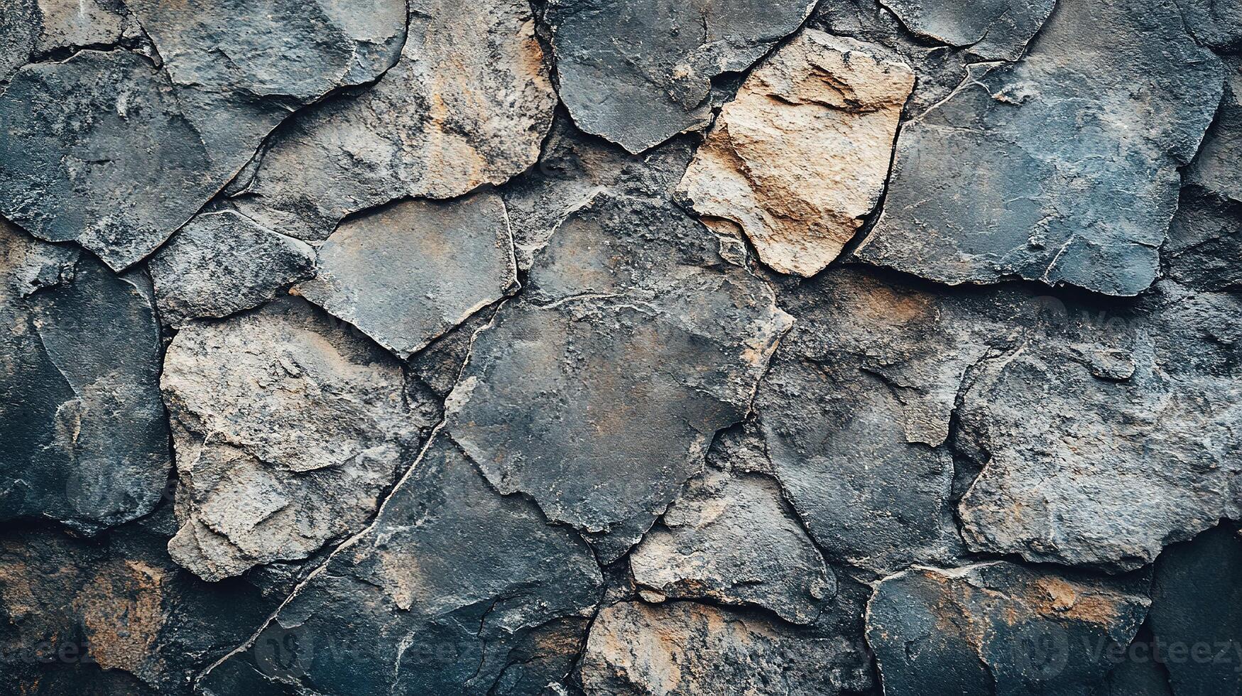Detailed View of Rough and Textured Slate Rocks Forming an Aged Stone Wall with Organic Patterns and Earthy Tones photo