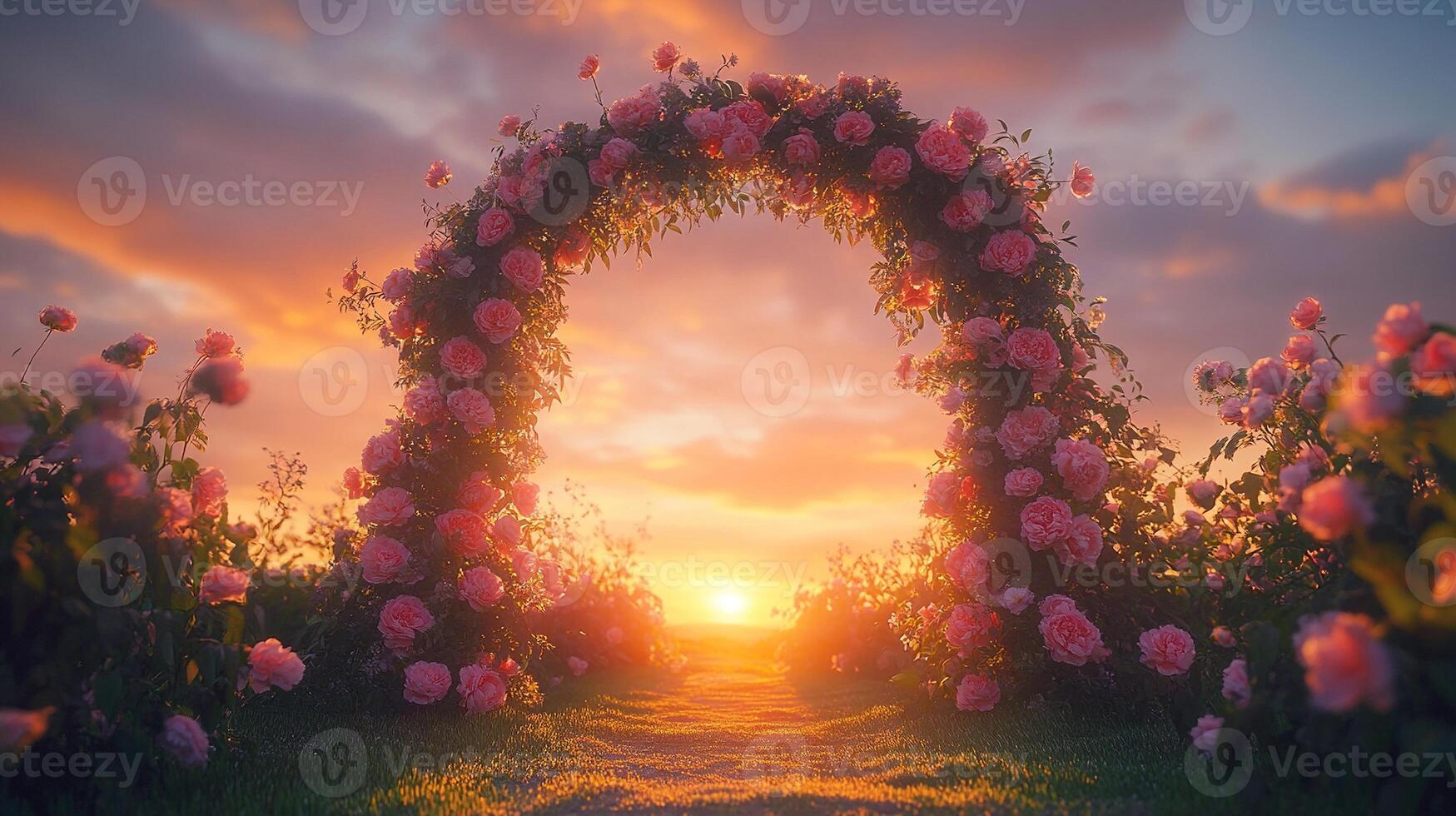 Beautiful Nature Wedding Scene with a Rose-Covered Arch Framing a Glowing Sunset in a Peaceful Field of Flowers photo
