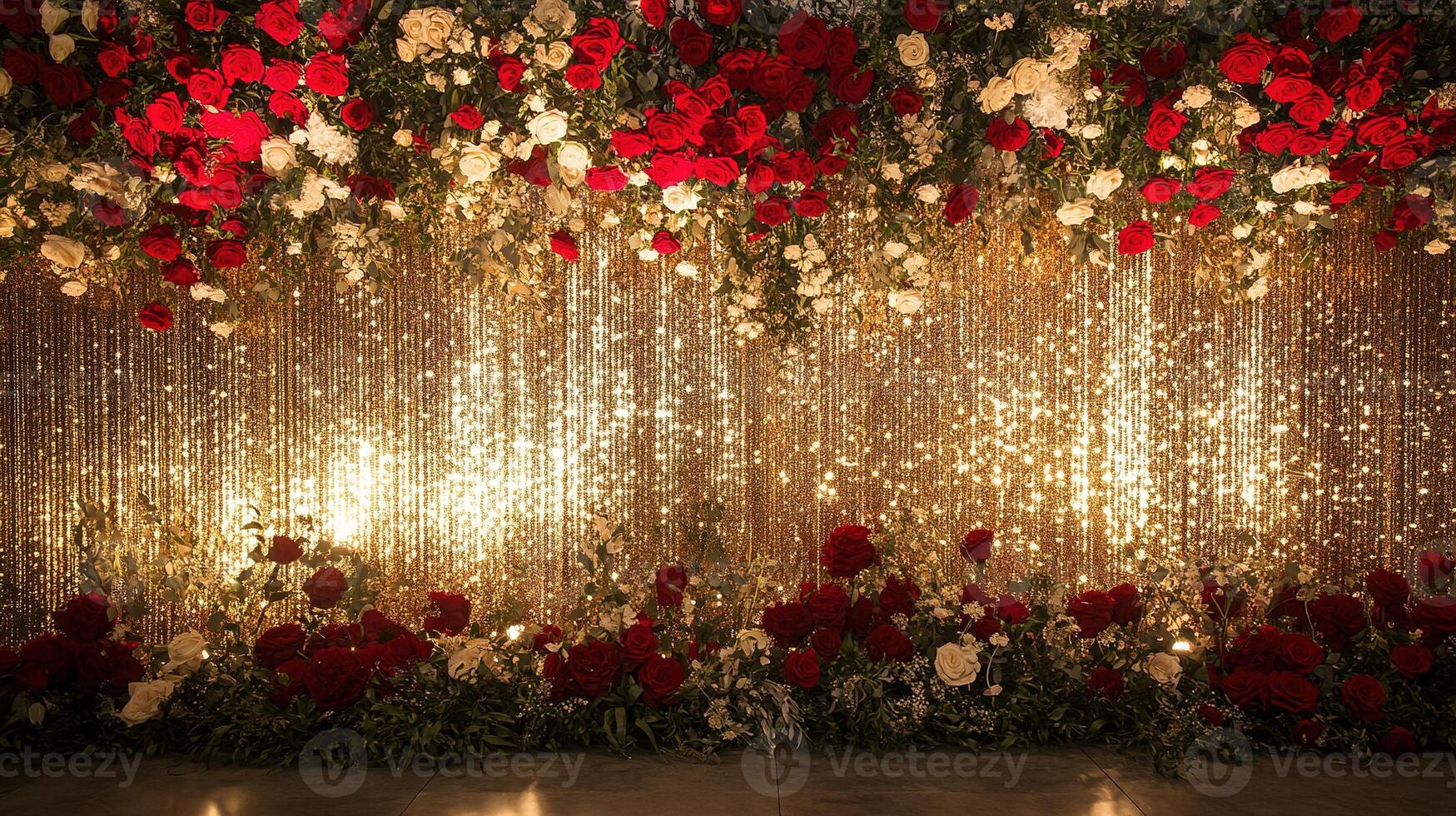 Elegant Wedding Backdrop with Golden Sequin Curtain and Luxurious Red and White Rose Floral Arrangements photo