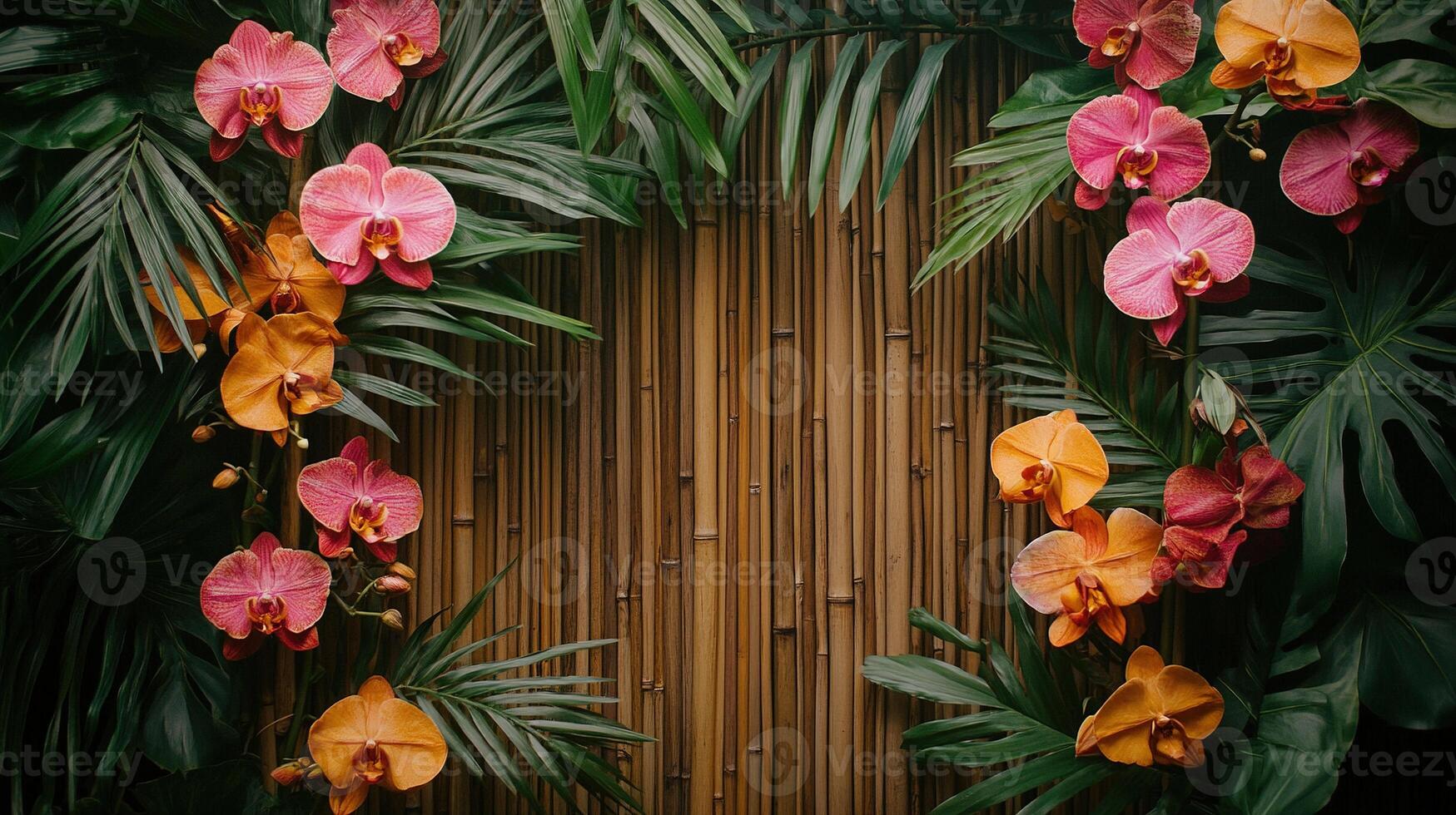Elegant Destination Wedding Backdrop Featuring Bold Orange and Pink Orchids Against a Bamboo and Palm Leaf Setting photo