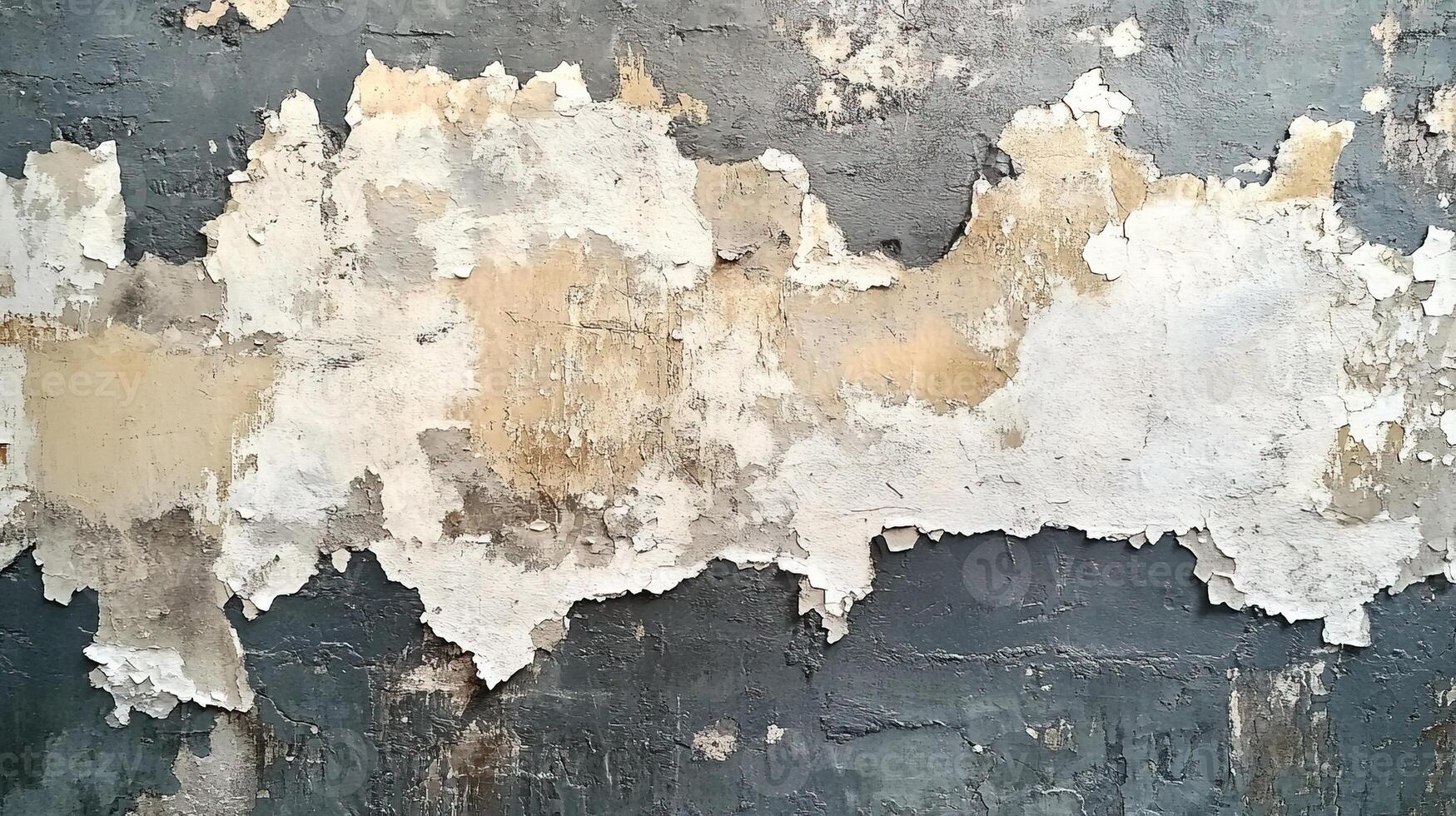 Distressed Plaster Wall with Large Patches of Peeling Paint and Weathered Texture in Neutral Tones photo